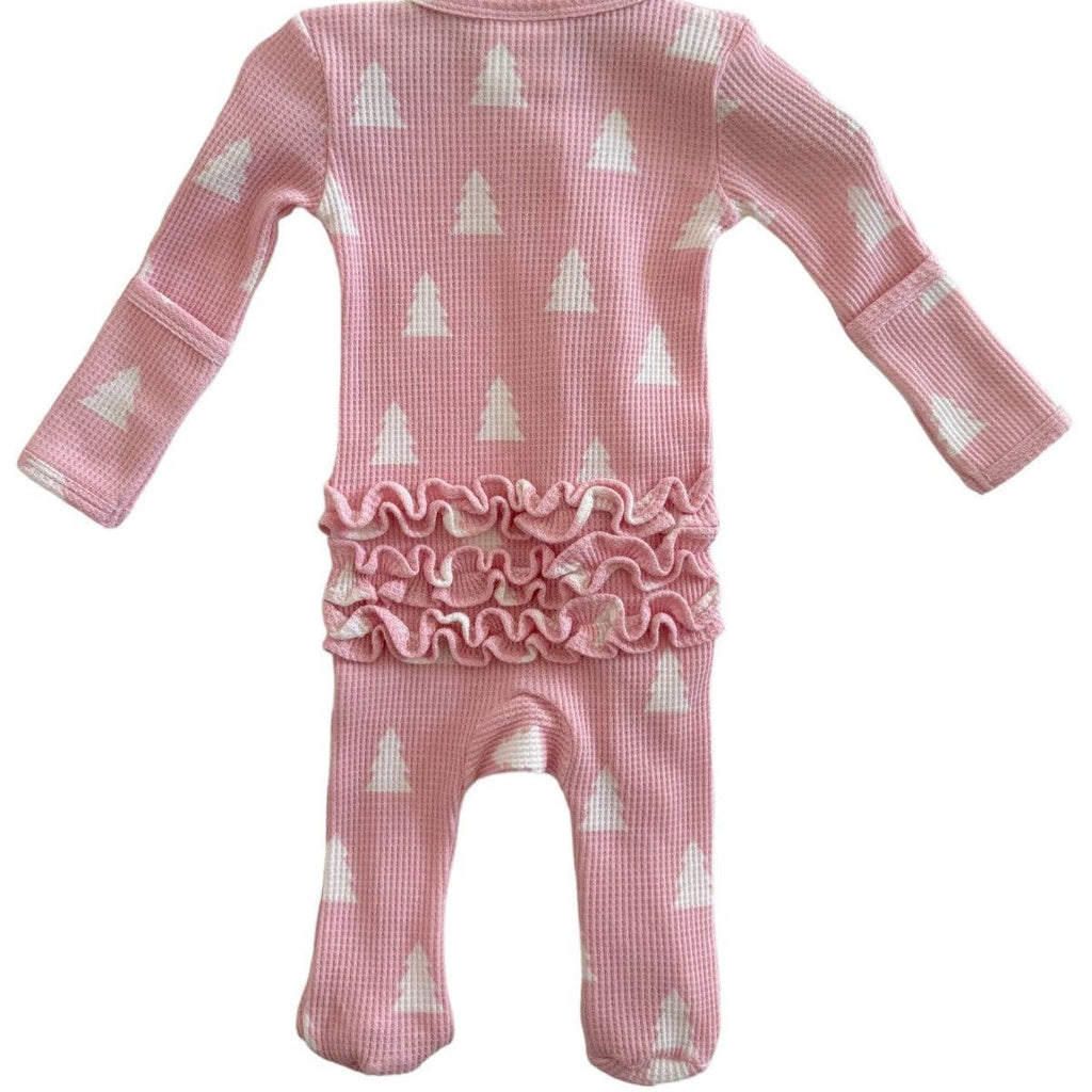 Organic Waffle Ruffle Zip Footie - Pink Christmas Trees