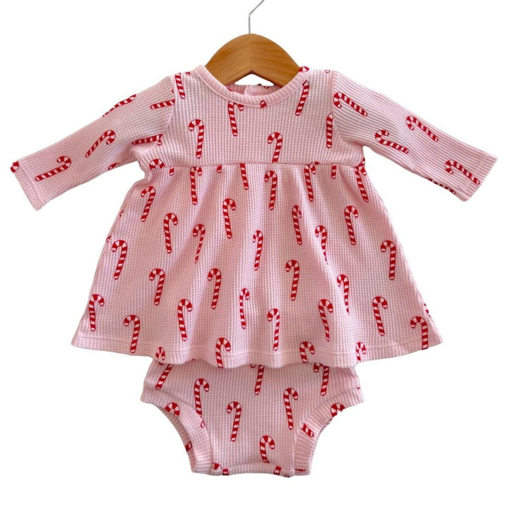 Organic Waffle Simple Dress & Bloomer - Pink Candy Cane