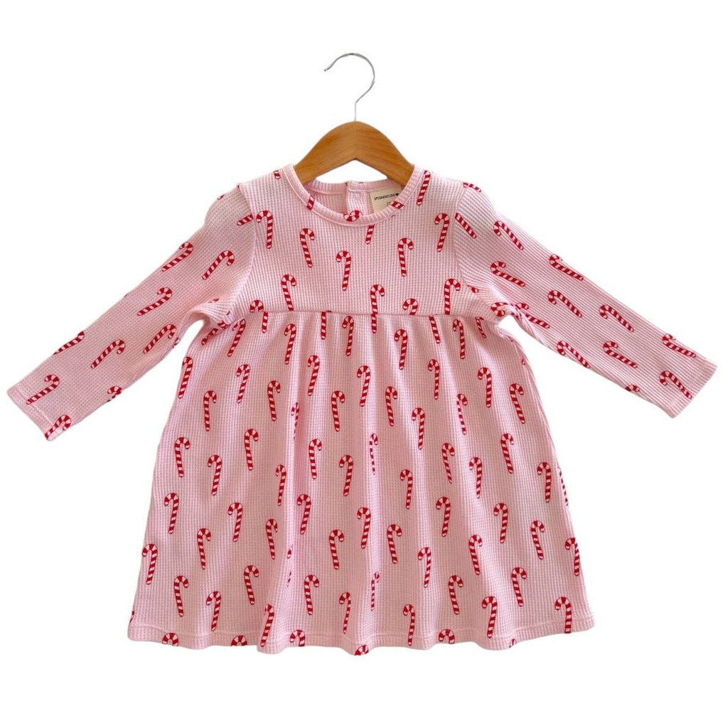 Organic Waffle Simple Dress - Pink Candy Cane