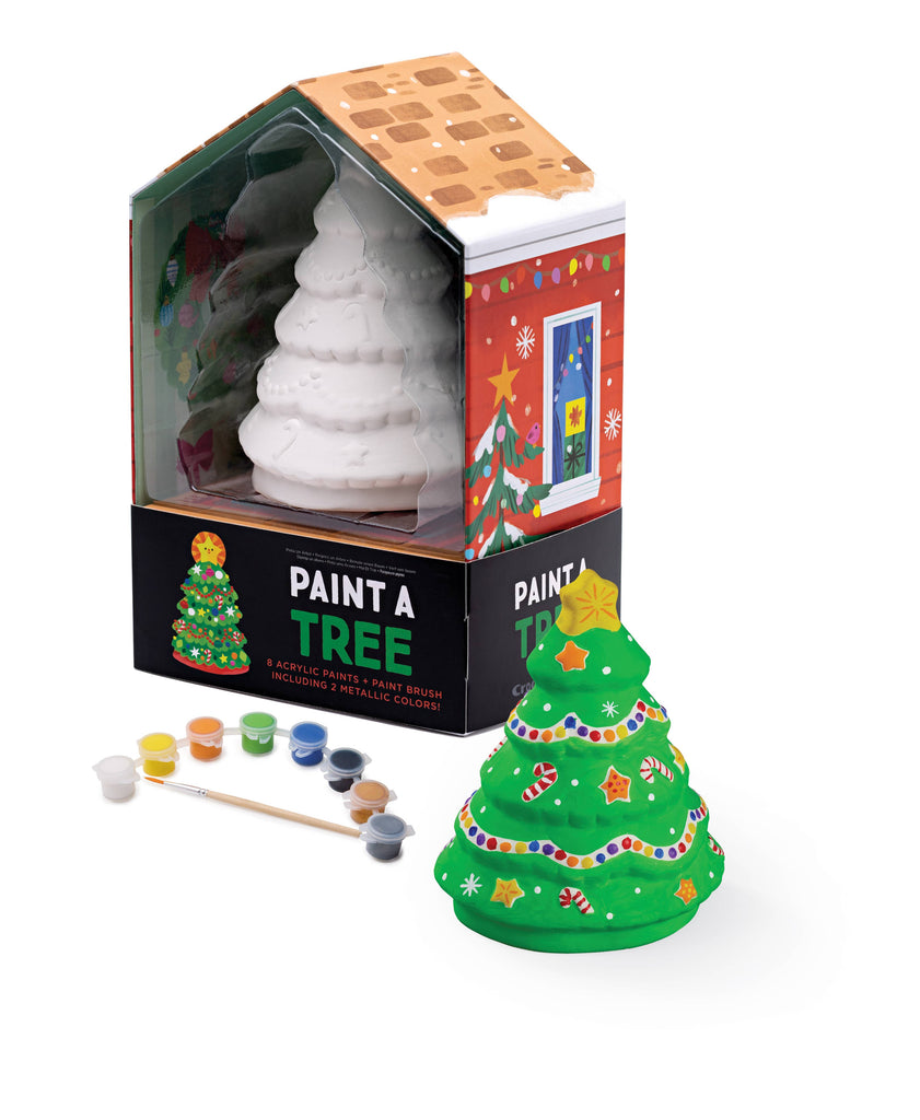 Christmas tree painting kit with a completed tree, paintbrushes, and colors in packaging.