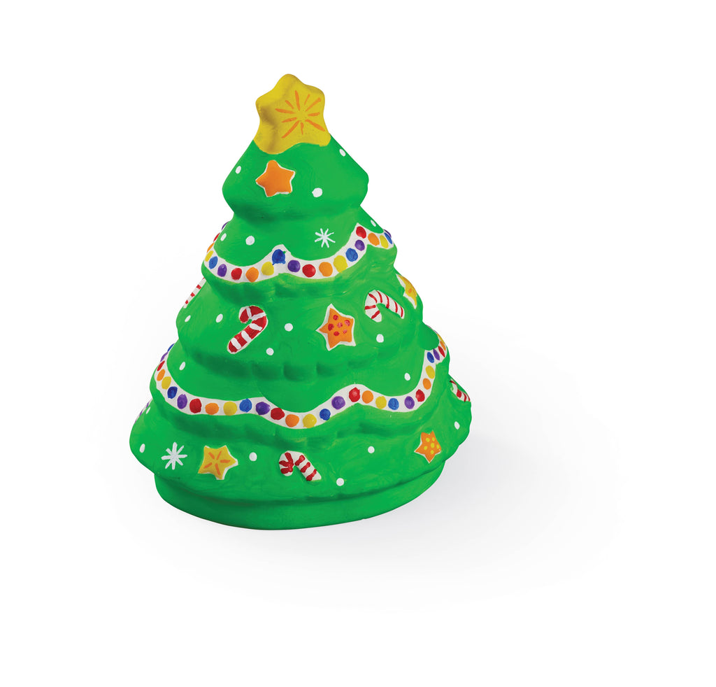 Decorative Christmas tree figurine with colorful ornaments on a white background