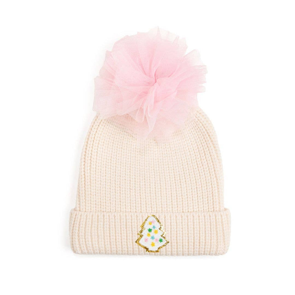 Beige knit beanie with pink pom-pom and embroidered tree design on a white background