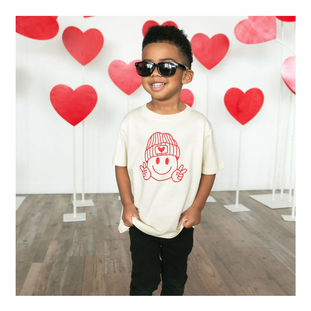 Peace, Love, Smile Valentine's Day Short Sleeve T-Shirt - Natural-TOPS-Sweet Wink-Joannas Cuties