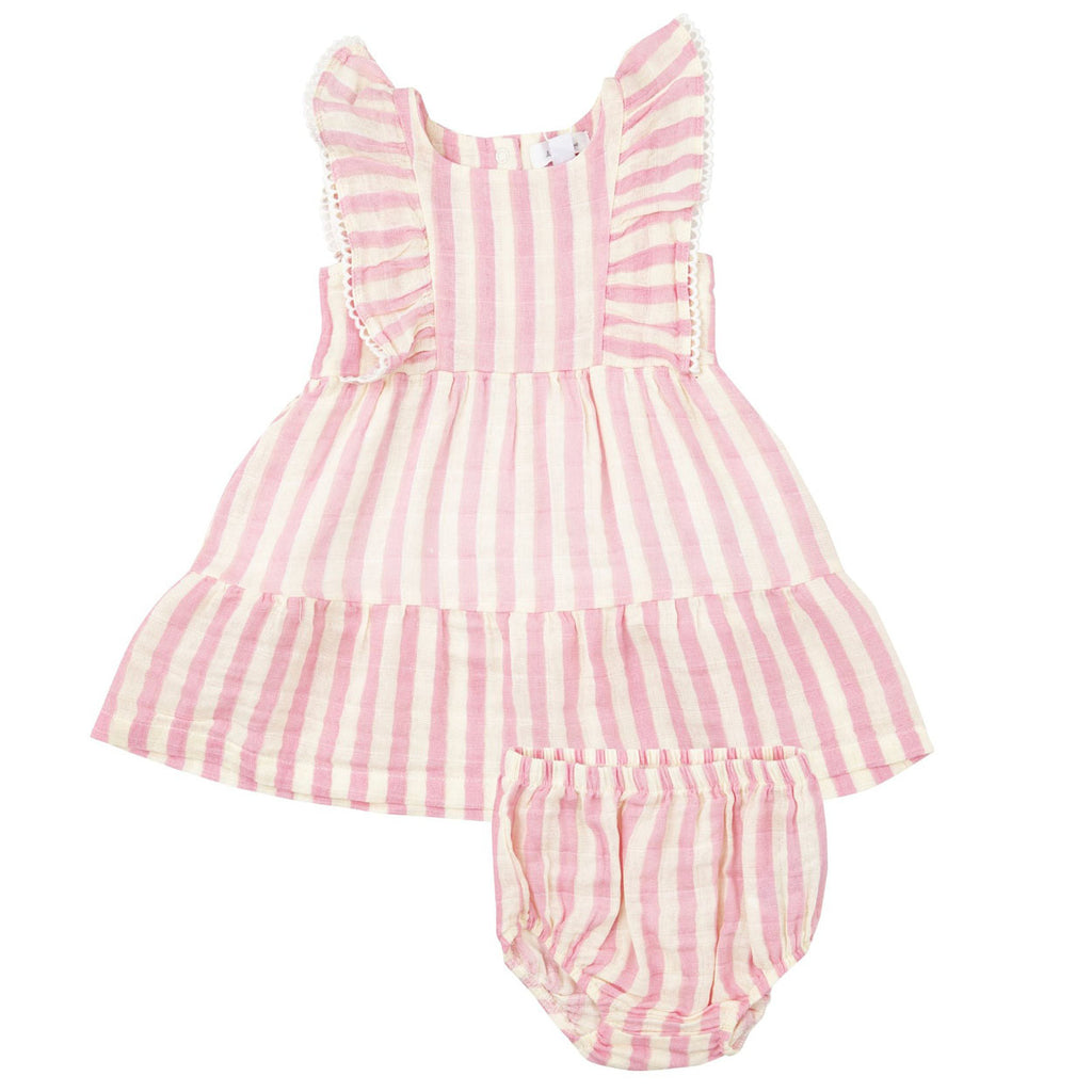 Organic Picot Edged Dress + Diaper Cover - Pink Stripe-DRESSES & SKIRTS-Angel Dear-Joannas Cuties