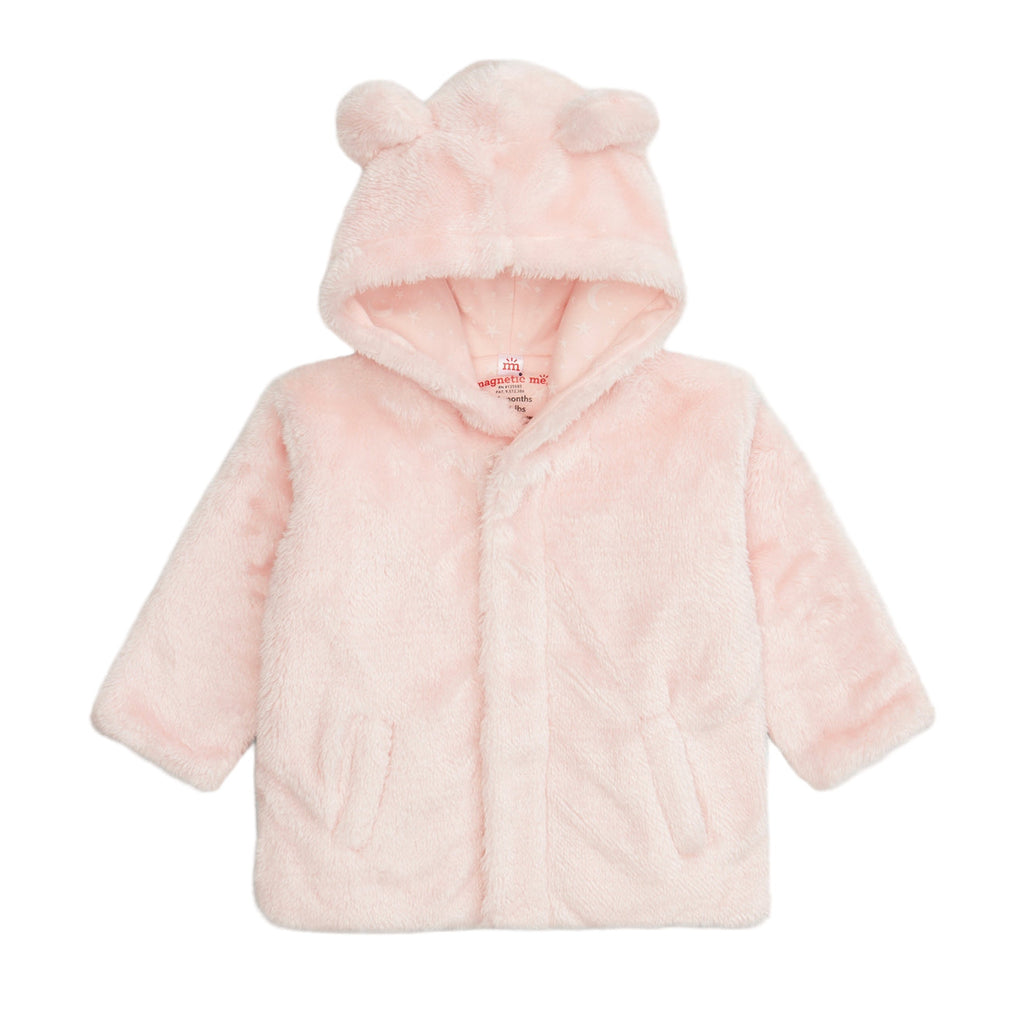Pink children's coat with bear ears on a white background