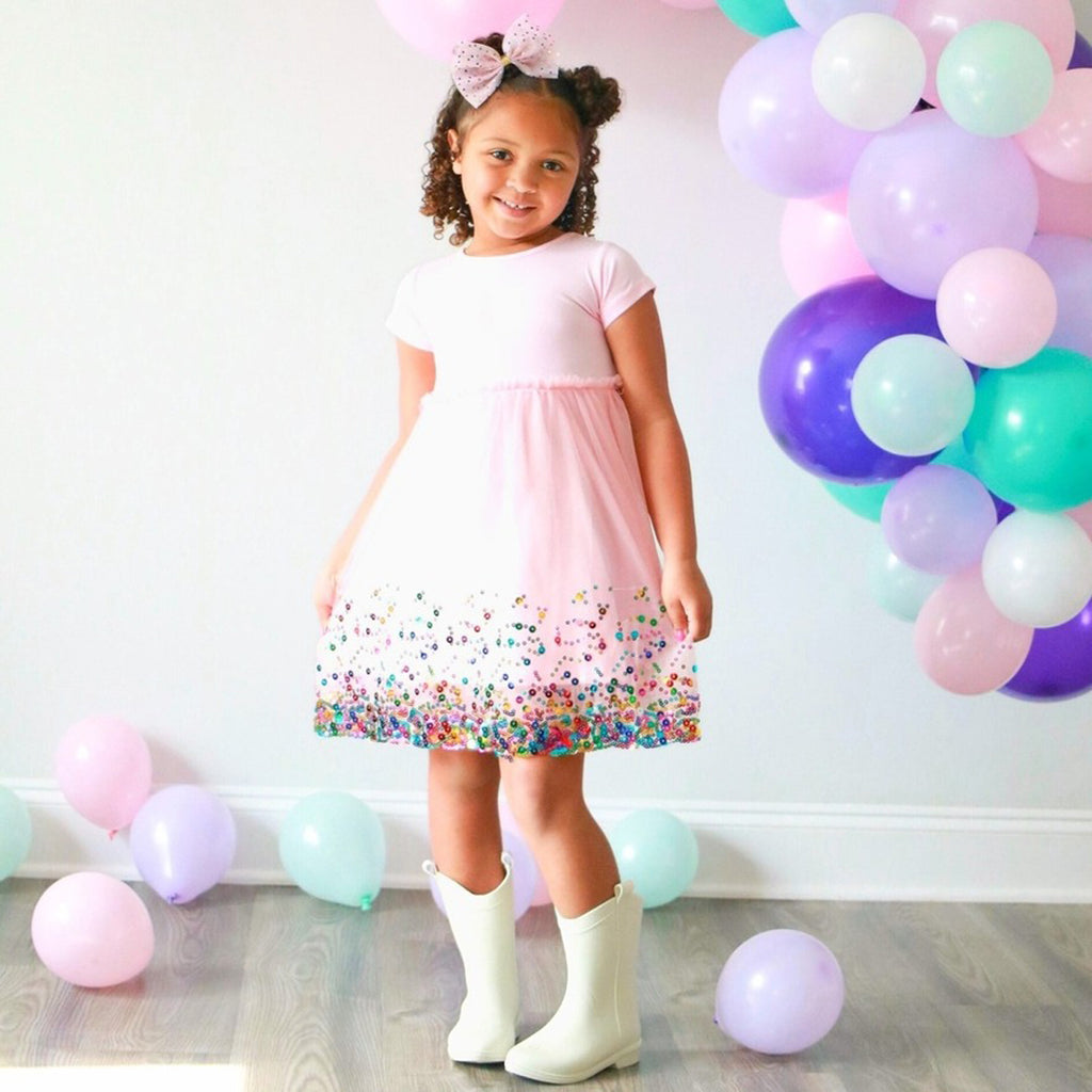 Pink Confetti Short Sleeve Tutu Dress - Kids Birthday