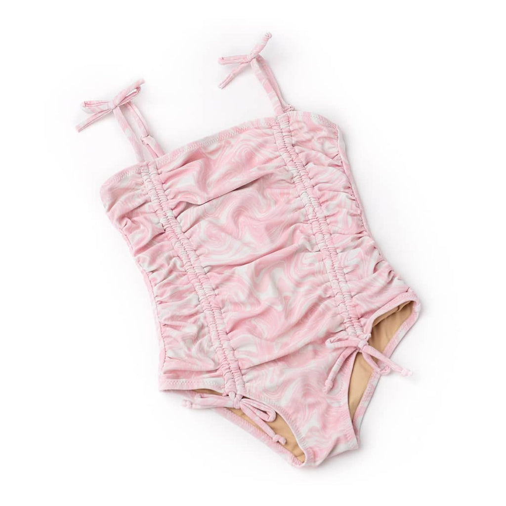 Pink Swirl Girls Cinched One Piece & Fringe Skirt Swim Set