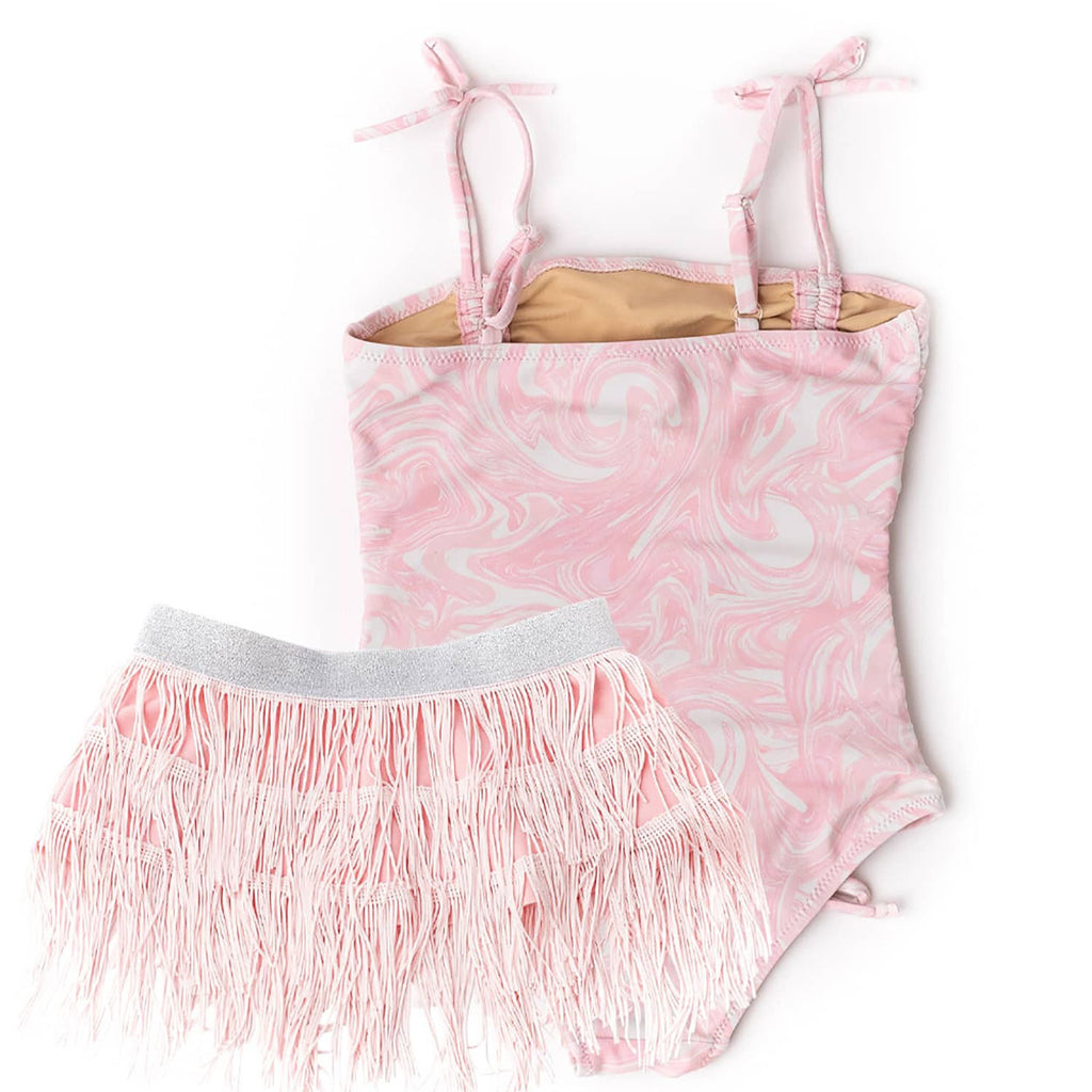 Pink Swirl Girls Cinched One Piece & Fringe Skirt Swim Set