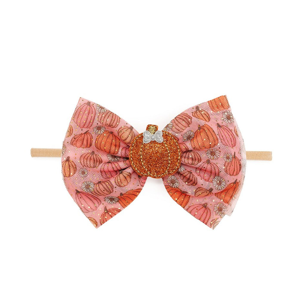 Pumpkin Daisy Blush Tulle Bow Baby Headband - Fall Baby