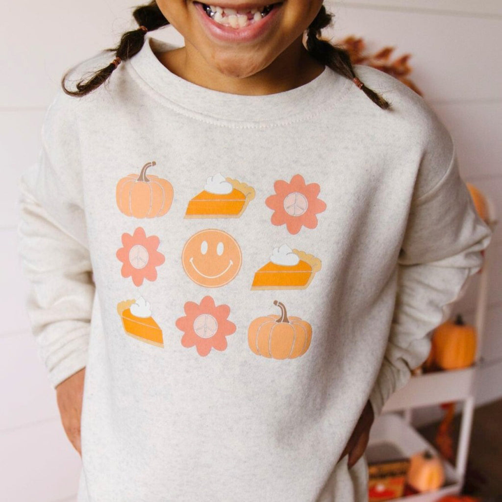 Pumpkin Pie Smiley Thanksgiving Sweatshirt - Kids Crewneck-SWEATSHIRTS & HOODIES-Sweet Wink-Joannas Cuties