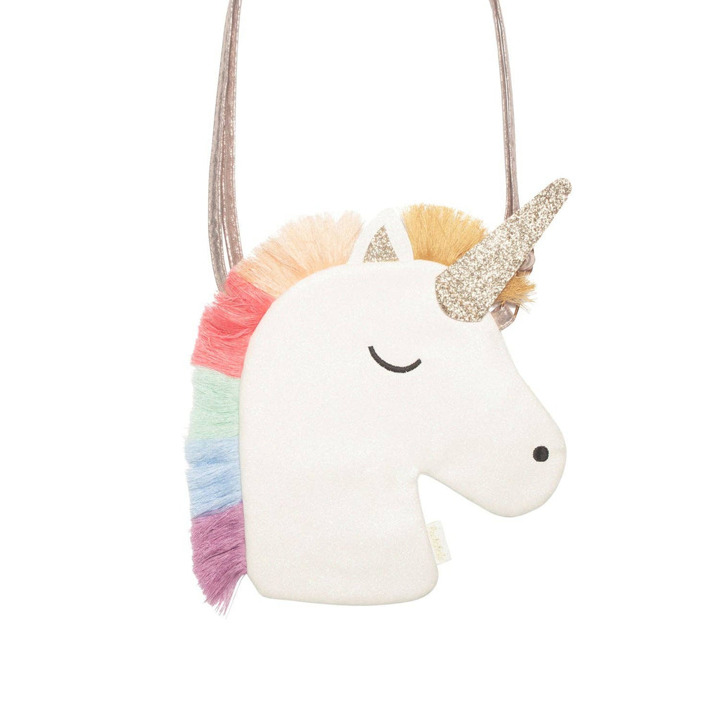 Unicorn-shaped pouch with rainbow hair and glittery horn on a white background