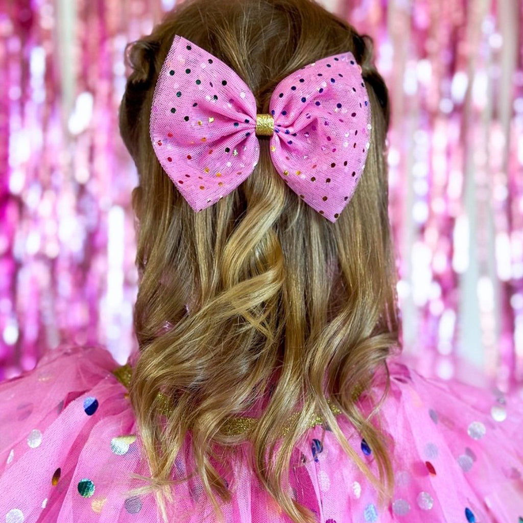 Raspberry Confetti Tulle Bow Clip - Kids Hair Clip