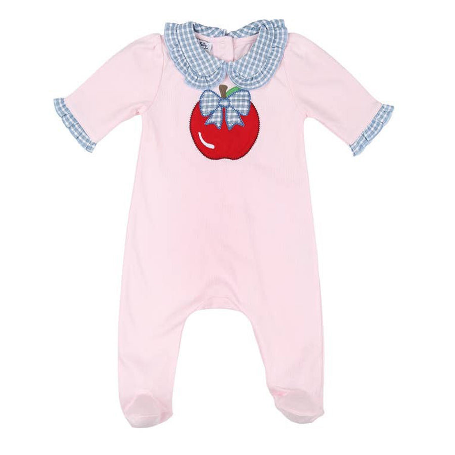 Red Delicious Applique Pink Collared Ruffle Footie-FOOTIES-Magnolia Baby-Joannas Cuties