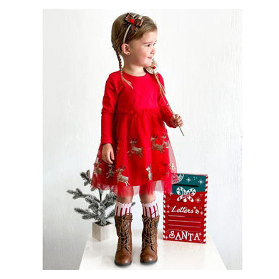 Reindeer Sequin Christmas Long Sleeve Tutu Dress-DRESSES & SKIRTS-Sweet Wink-Joannas Cuties