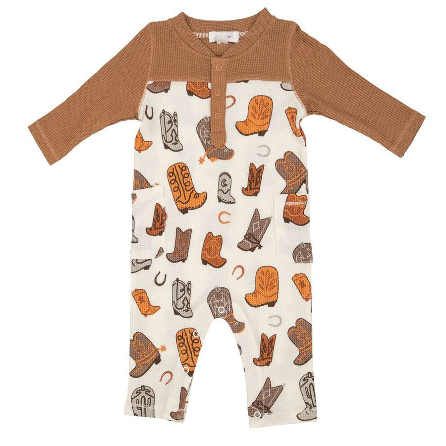 Romper With Contrast Sleeve - Brown Boots-OVERALLS & ROMPERS-Angel Dear-Joannas Cuties