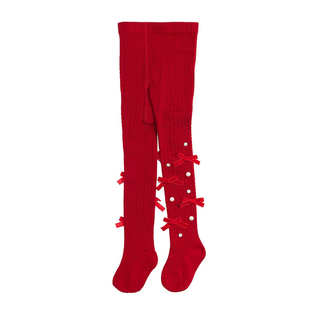 Red tights with bow details on a white background