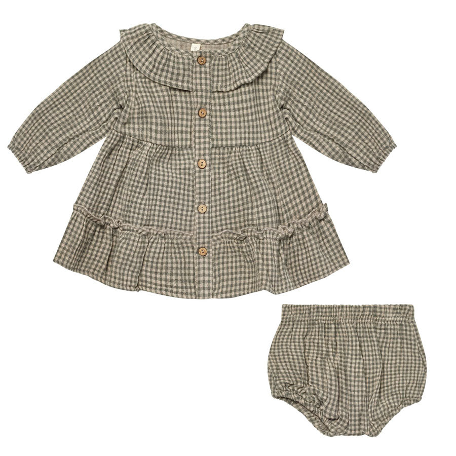 Ruffle Collar Button Dress - Forest Micro Plaid-DRESSES & SKIRTS-Quincy Mae-Joannas Cuties