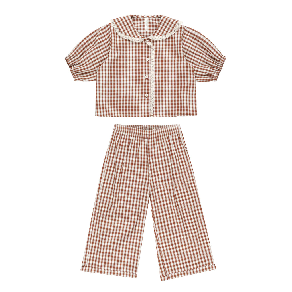 Ruffle Pajamas - Brick Gingham