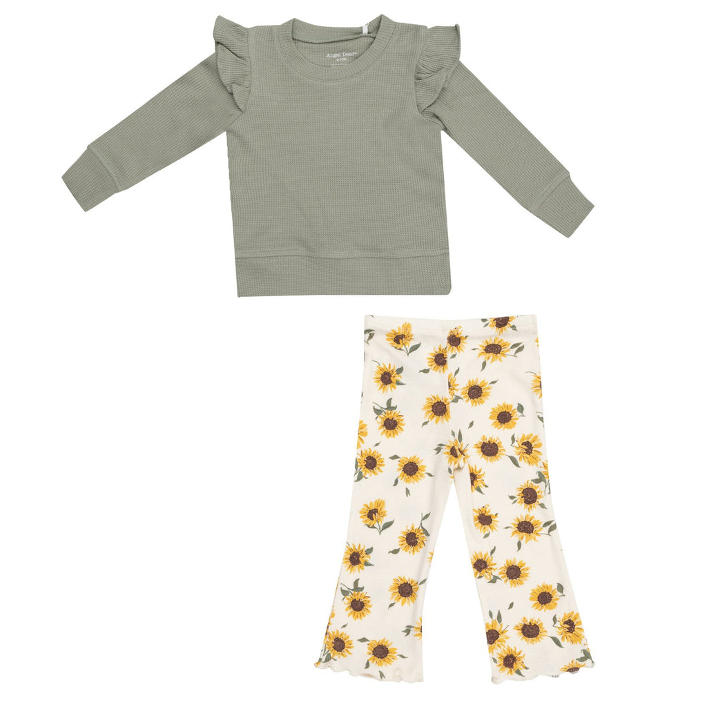 Ruffle Shoulder Waffle Shirt With Flare Pant - Baby Sunflowers