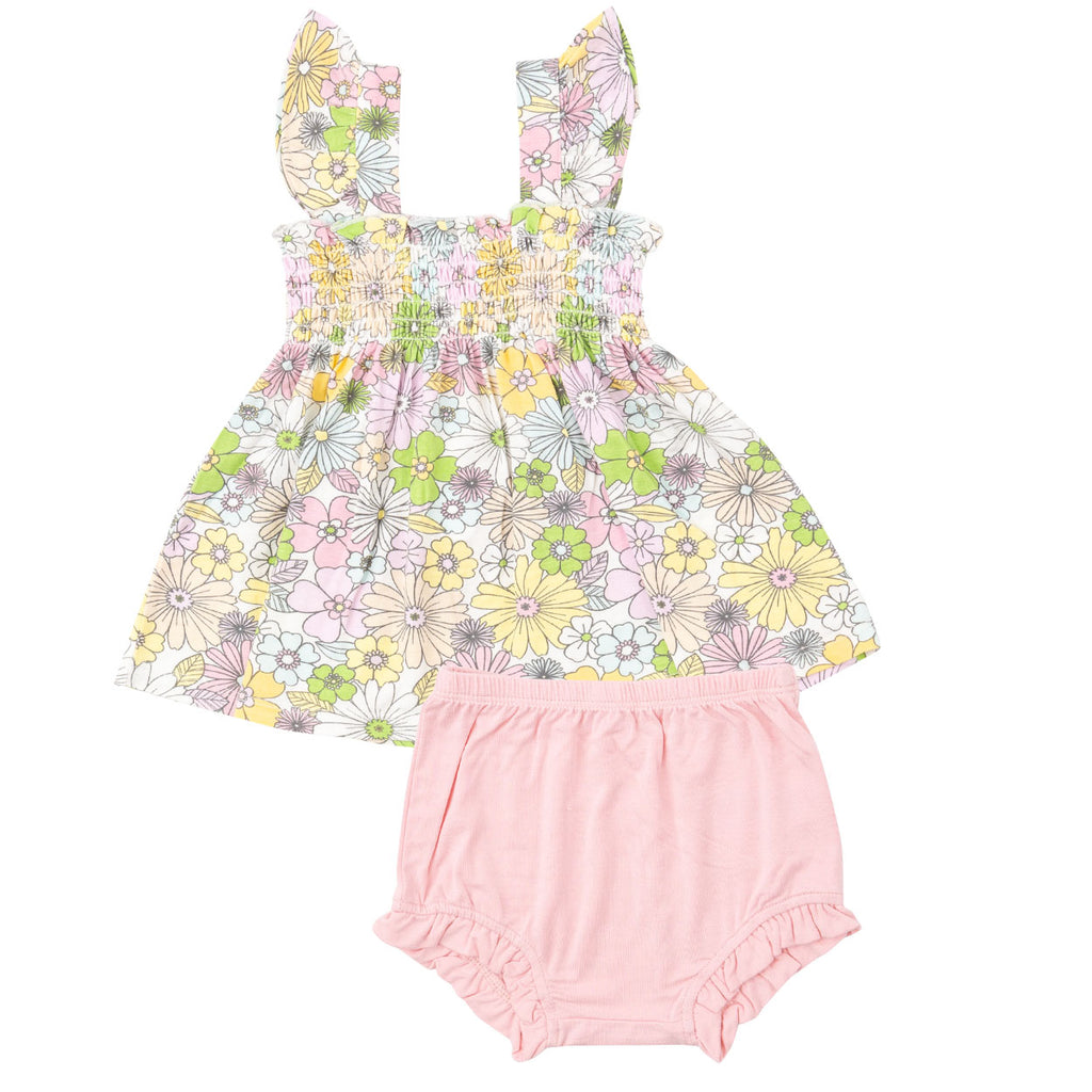Ruffle Strap Smocked Top And Diaper Cover - Mixed Retro Floral-TOPS-Angel Dear-Joannas Cuties