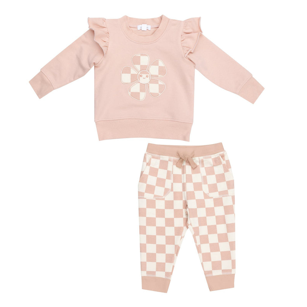 Ruffle Sweatshirt + Paperbag Jogger - Checkerboard Pink