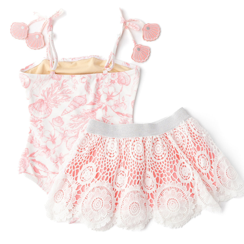 Seaside Toile Girls One Piece & Skirt Swimsuit Set