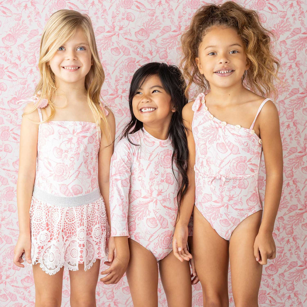 Seaside Toile Girls One Piece & Skirt Swimsuit Set