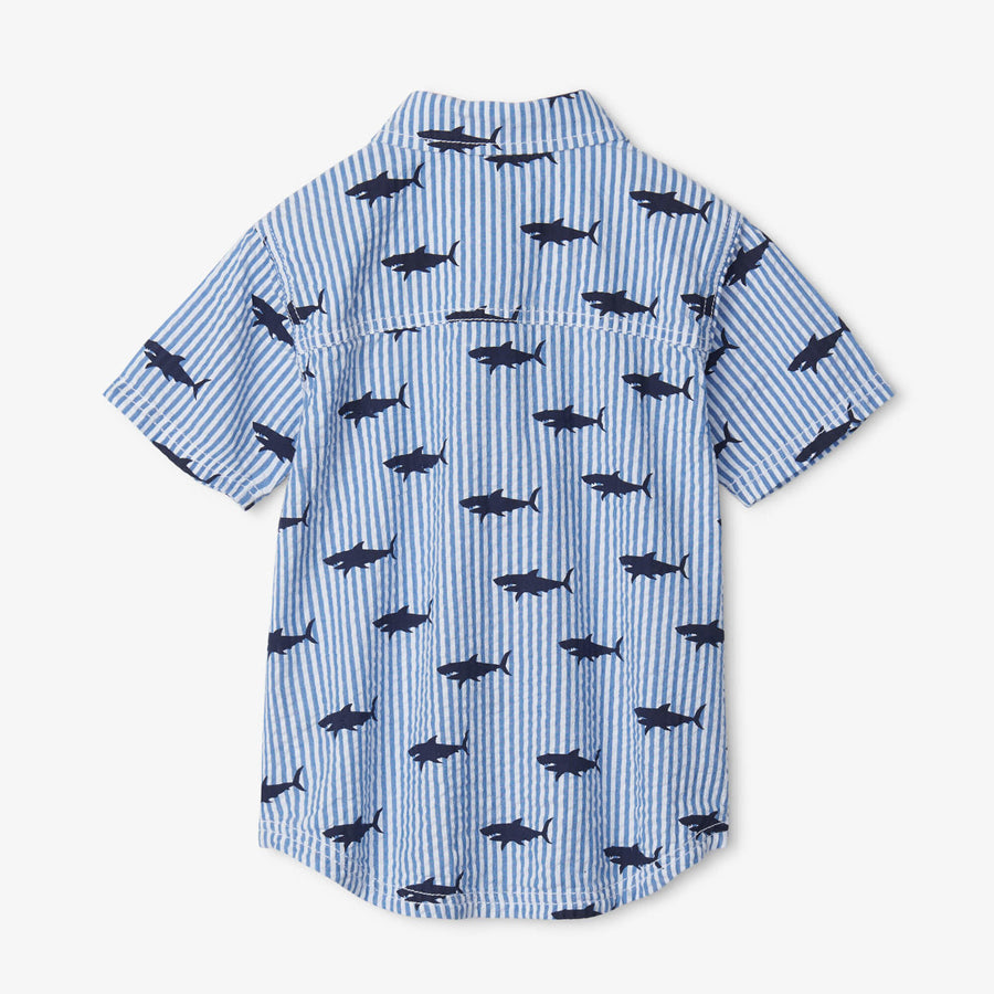 Seersucker Shark Short Sleeved Button Down Shirt-TOPS-Hatley-Joannas Cuties
