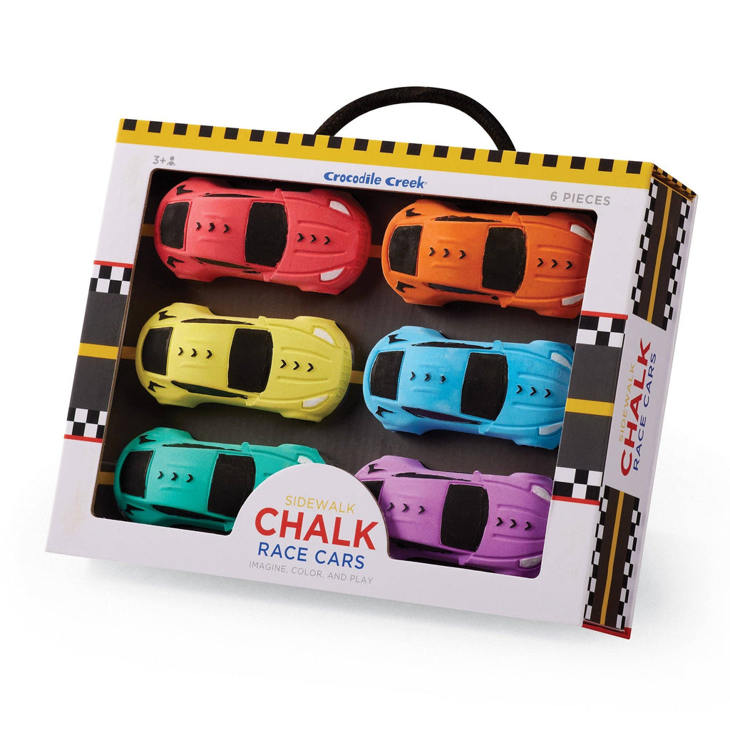 Set of colorful chalk race cars in a Crocodile Creek packaging on a white background