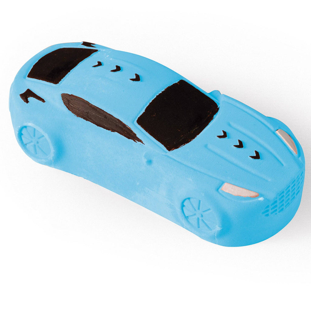 Blue toy car with black details on a white background