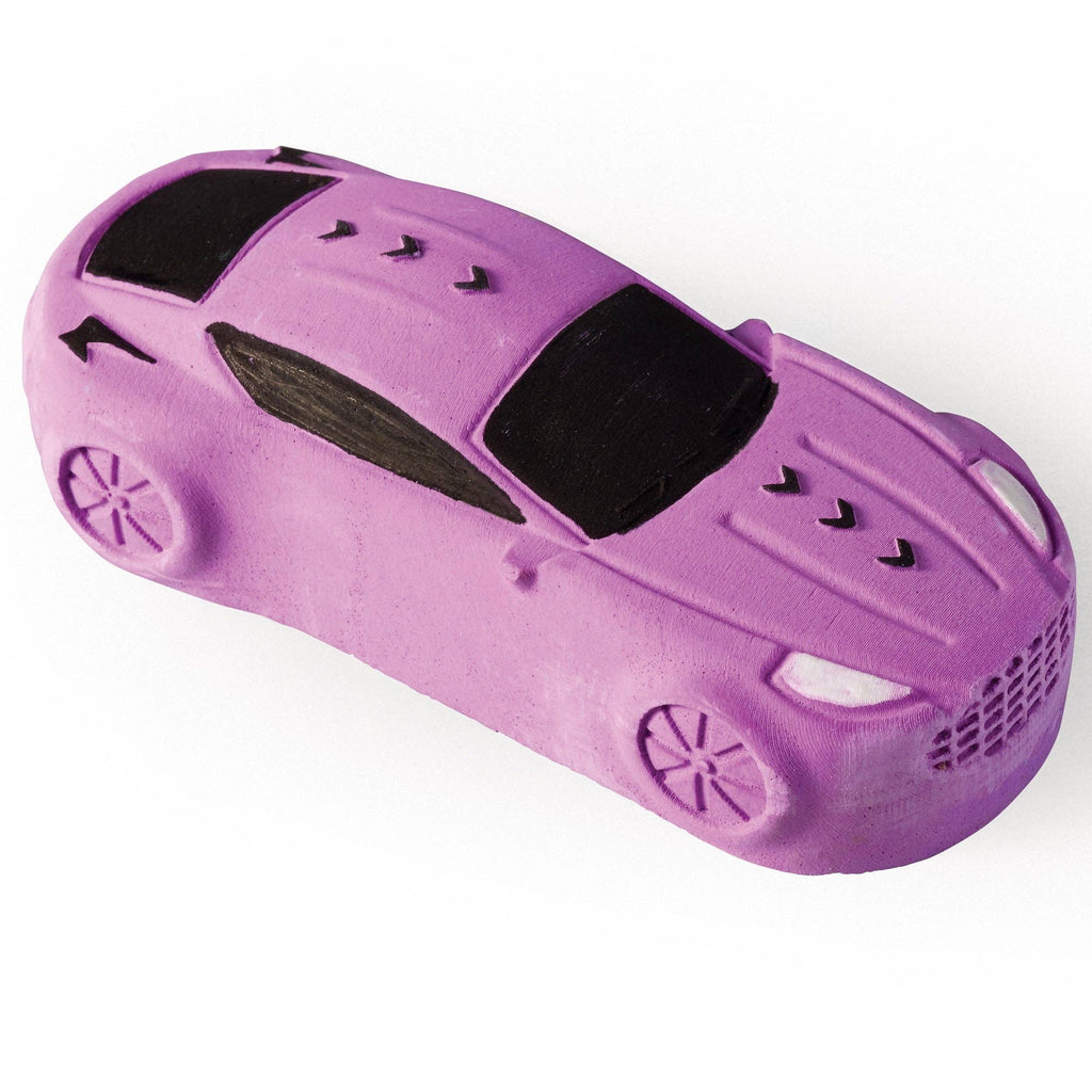 Purple toy car with black windows on a white background