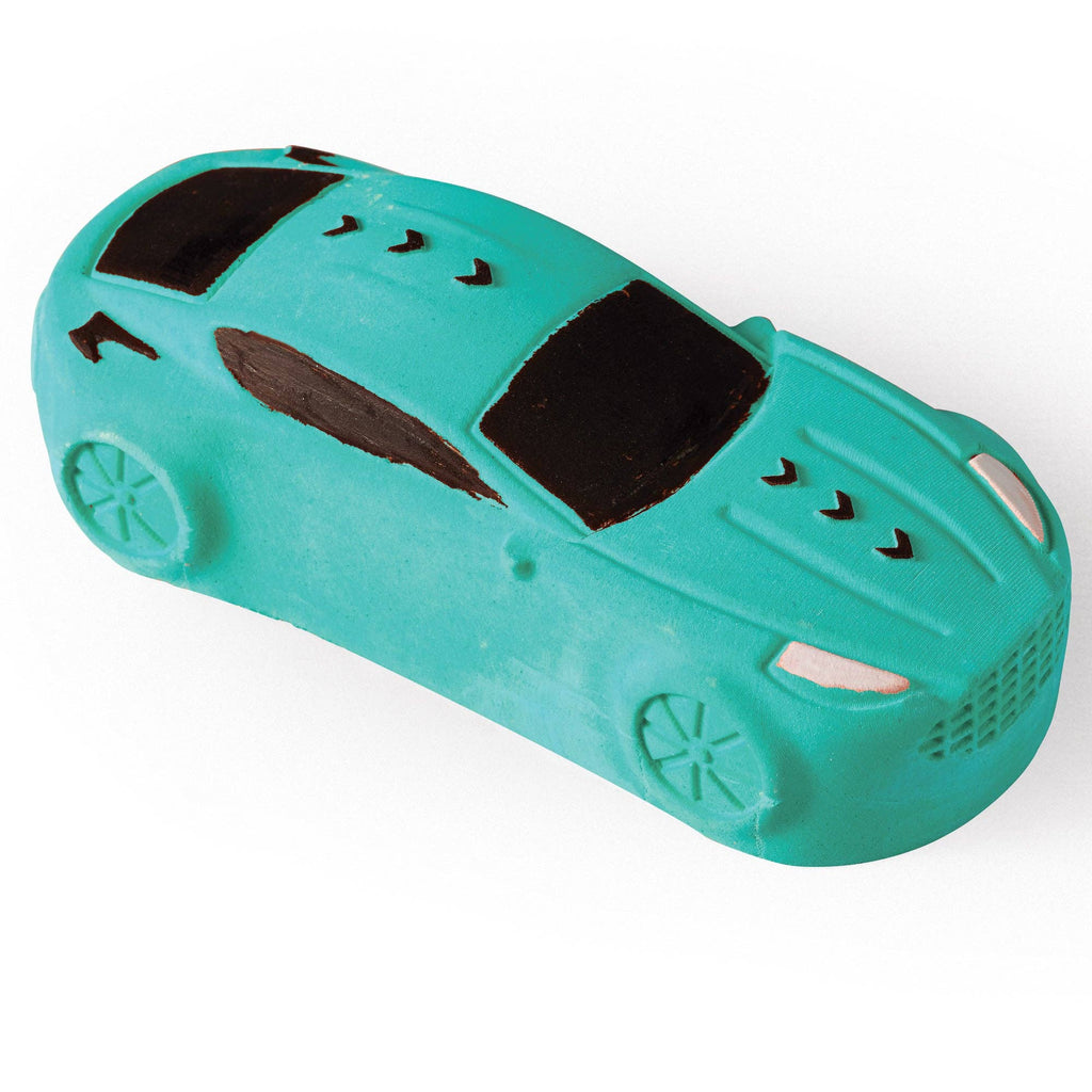Turquoise toy car with black accents on a white background
