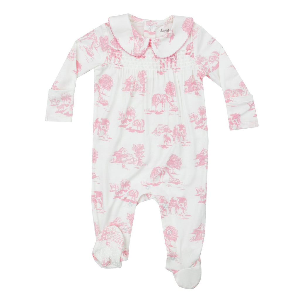 Smocked Peter Pan Footie - Farm Toile Pink