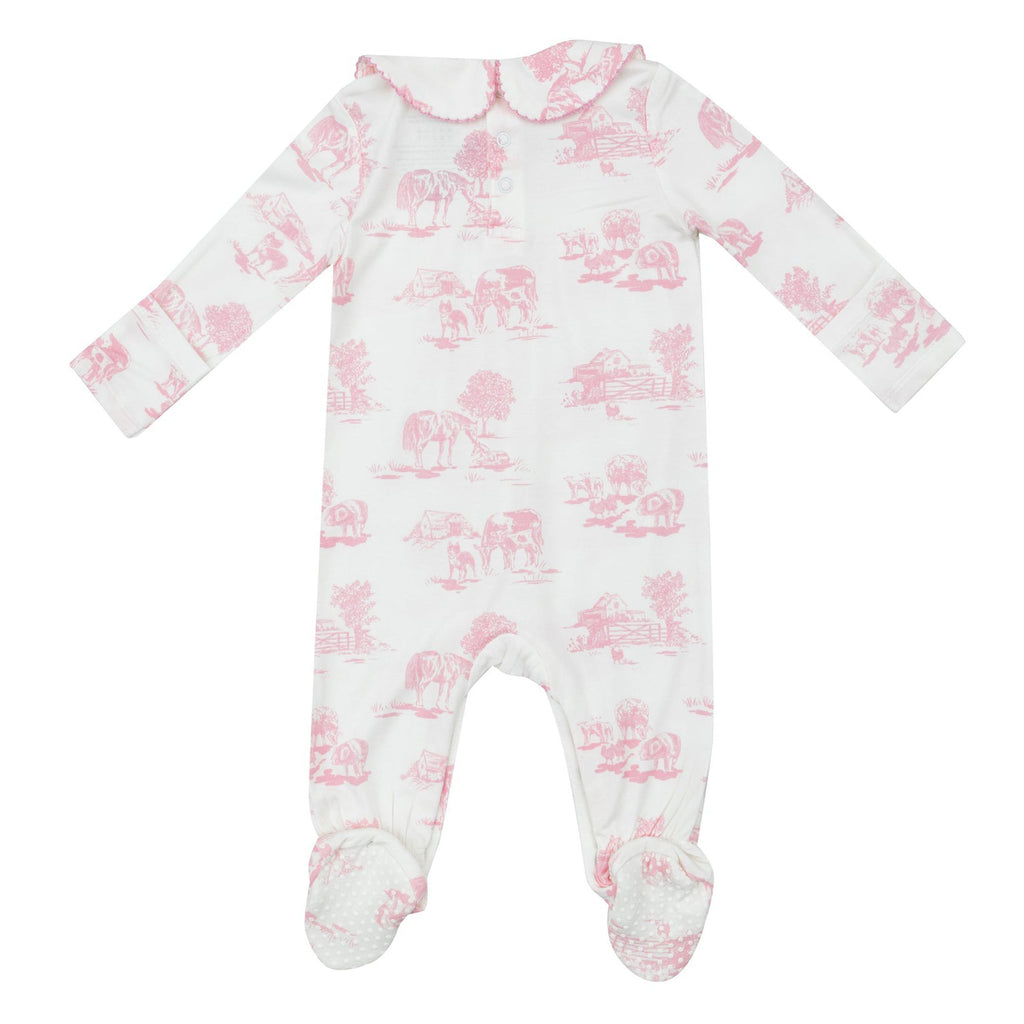 Smocked Peter Pan Footie - Farm Toile Pink