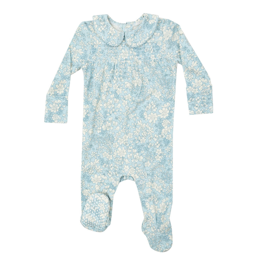 Smocked Peter Pan Footie - Blue Meadow Floral