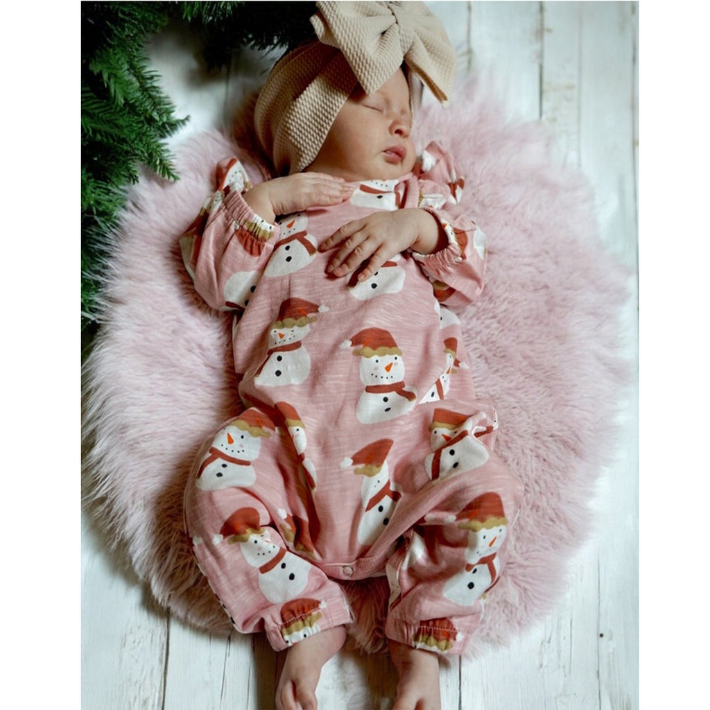 Snowman Pink / Organic Long Sleeve Ruffle Jumpsuit