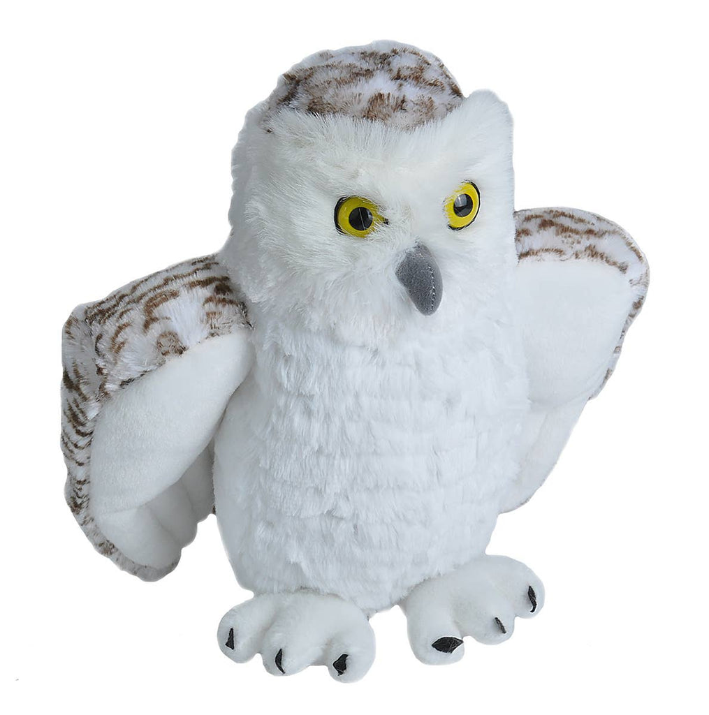 Plush owl toy with white feathers and brown accents on a white background