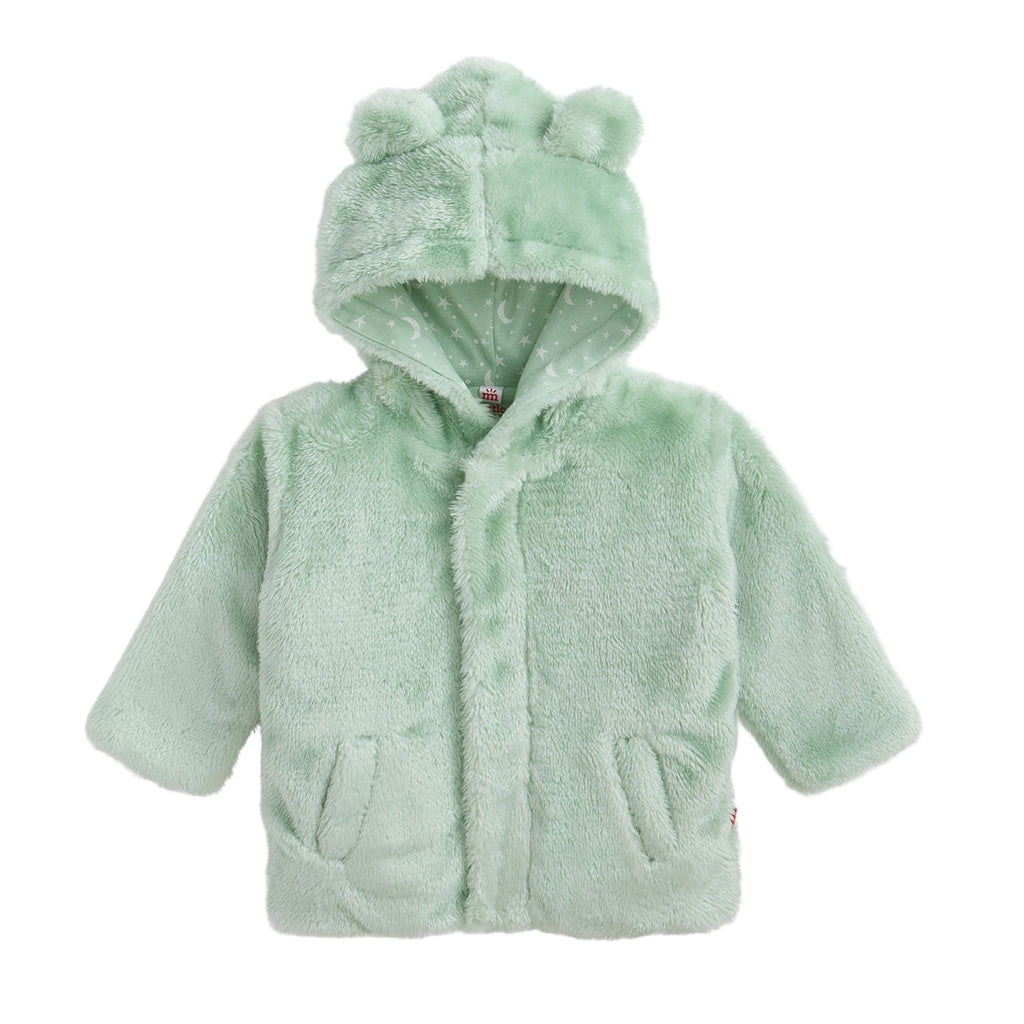 Green baby jacket with hood on a white background