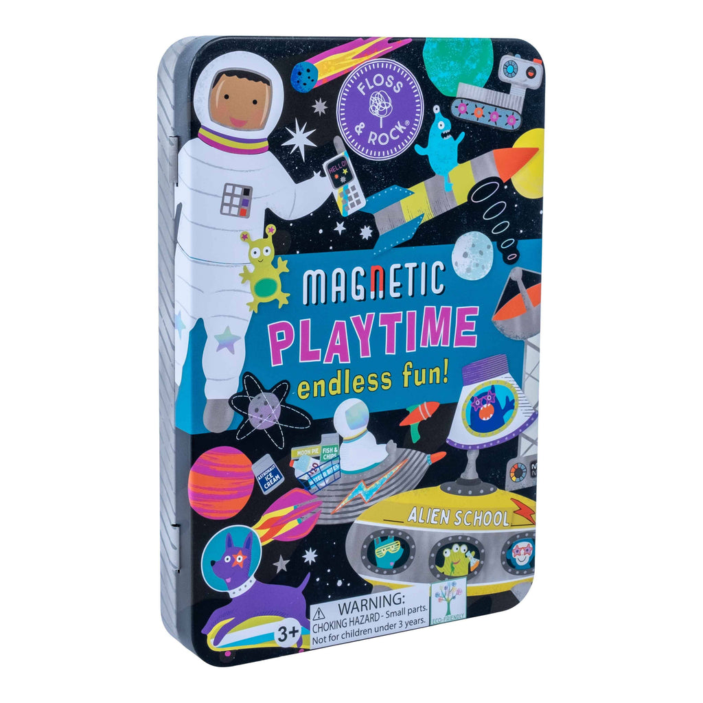 Magnetic playtime toy set packaging with space-themed design on a white background