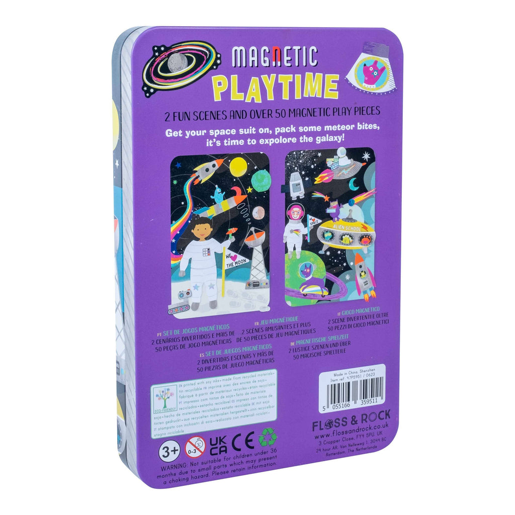 Purple packaging of a magnetic playset with space-themed illustrations and text.