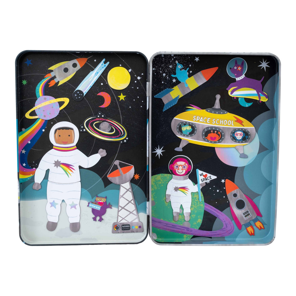 Two space-themed tins with illustrations of astronauts, rockets, and planets on a white background.