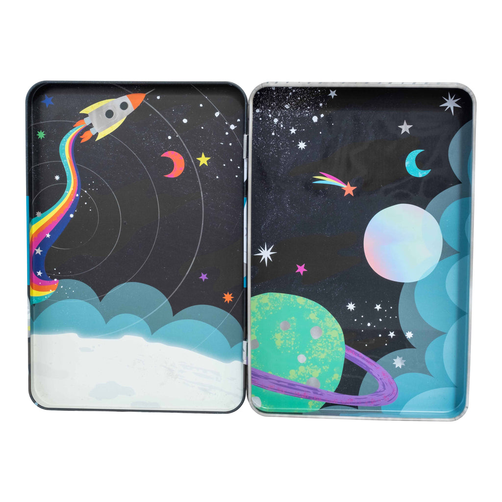 Two phone cases with space-themed designs featuring rockets, planets, and stars on a white background.