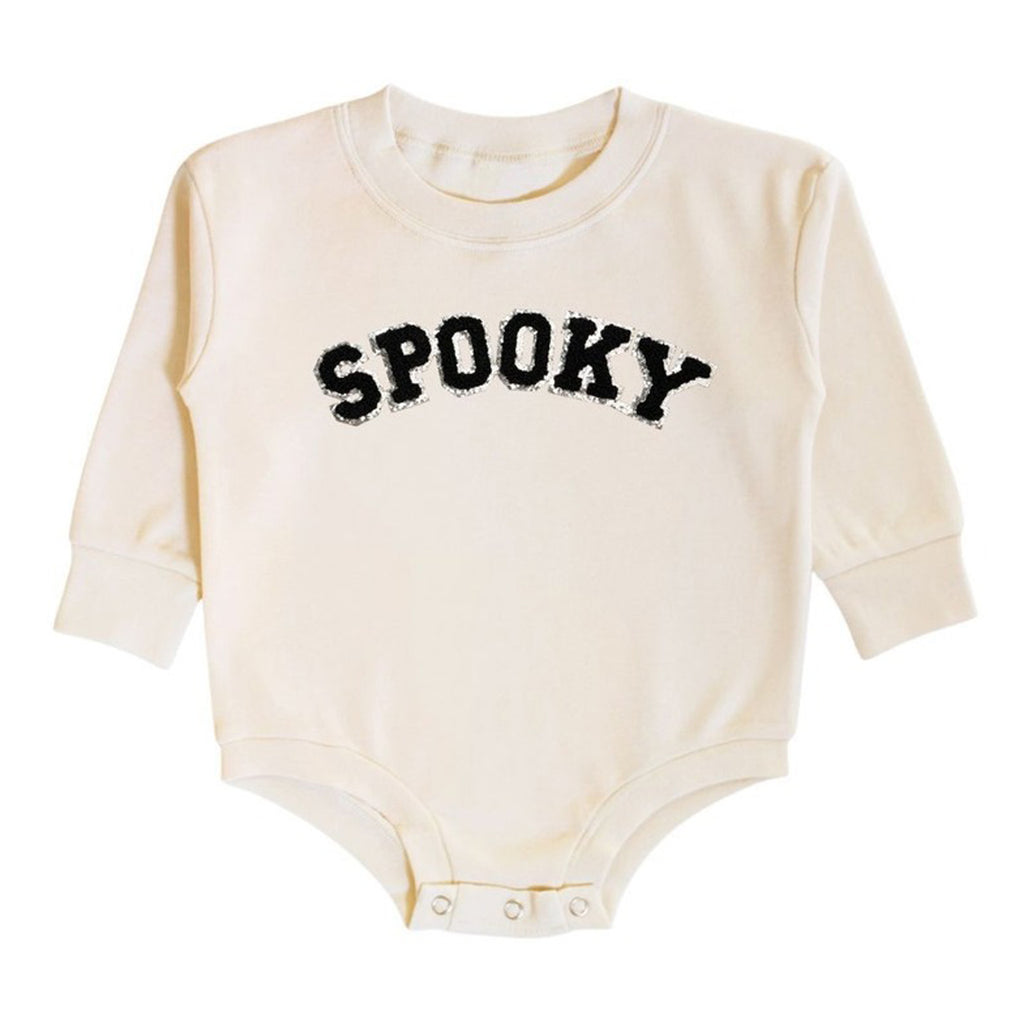 Spooky Patch Black Halloween Long Sleeve Romper - Natural