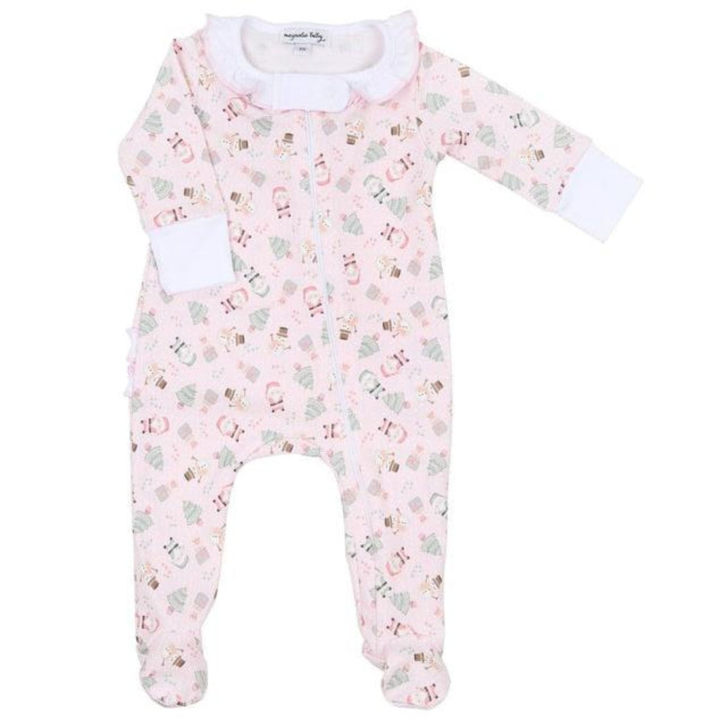 Sweet Little Christmas Pink Printed Ruffle Zipper Footie