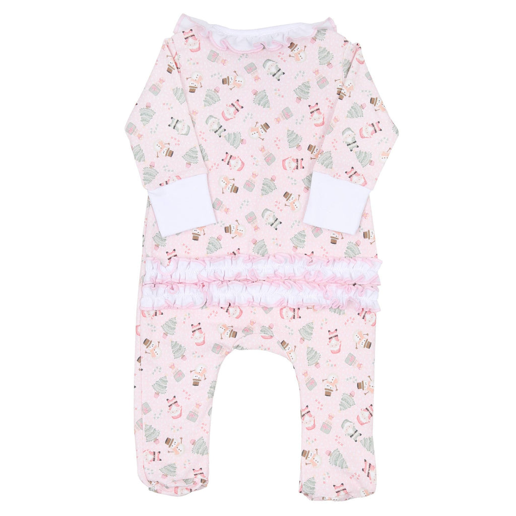 Sweet Little Christmas Pink Printed Ruffle Zipper Footie