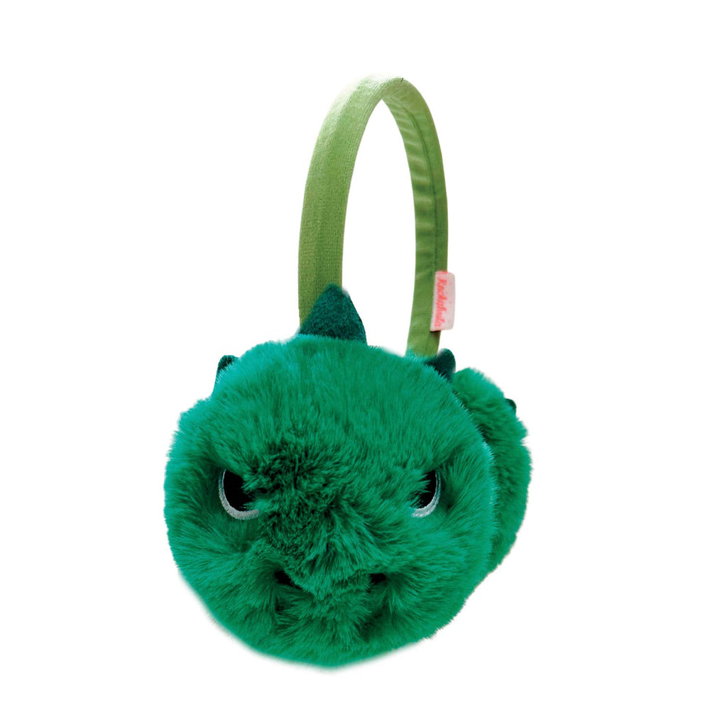 Green plush monster toy with a headband on a white background