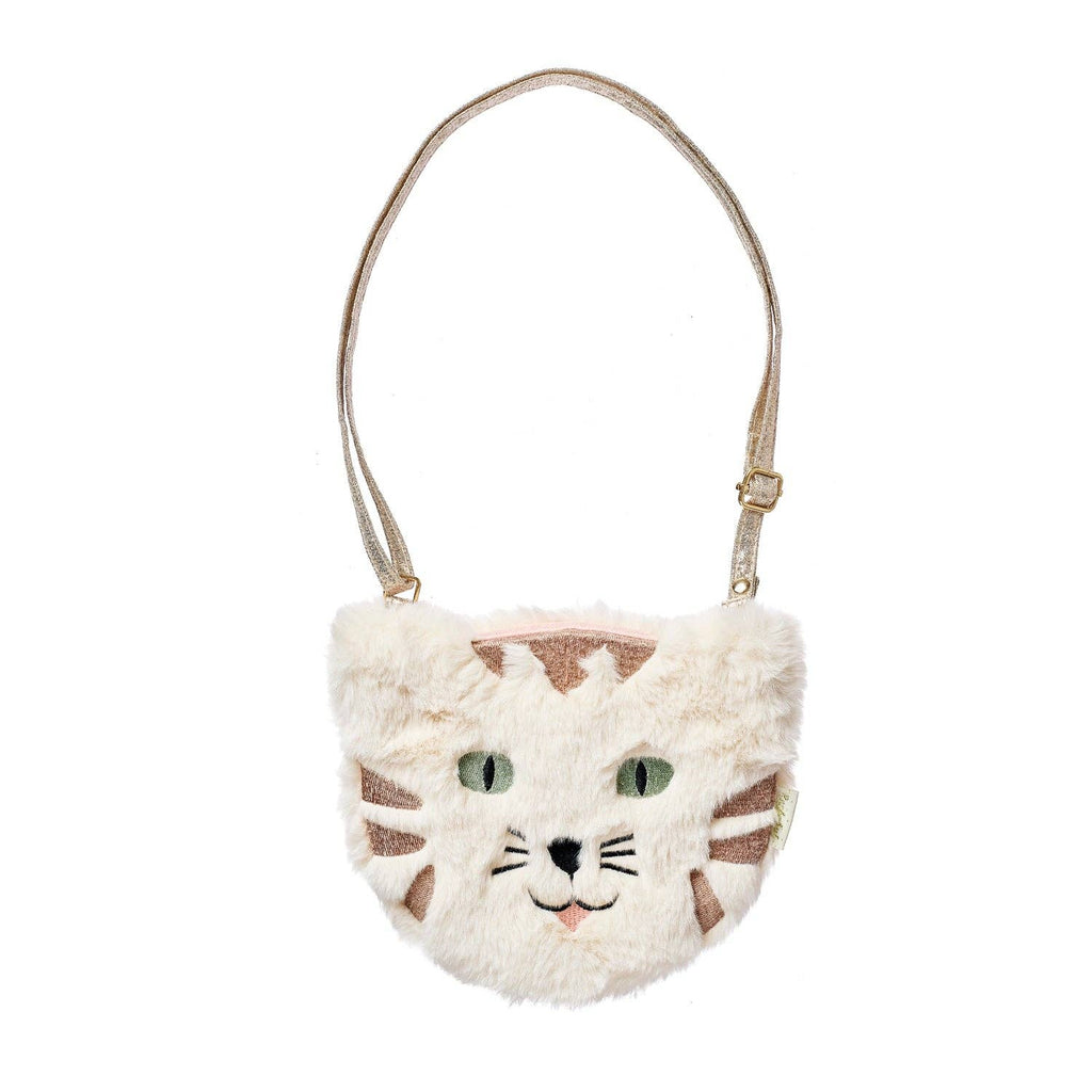 Fluffy cat-shaped handbag on a white background