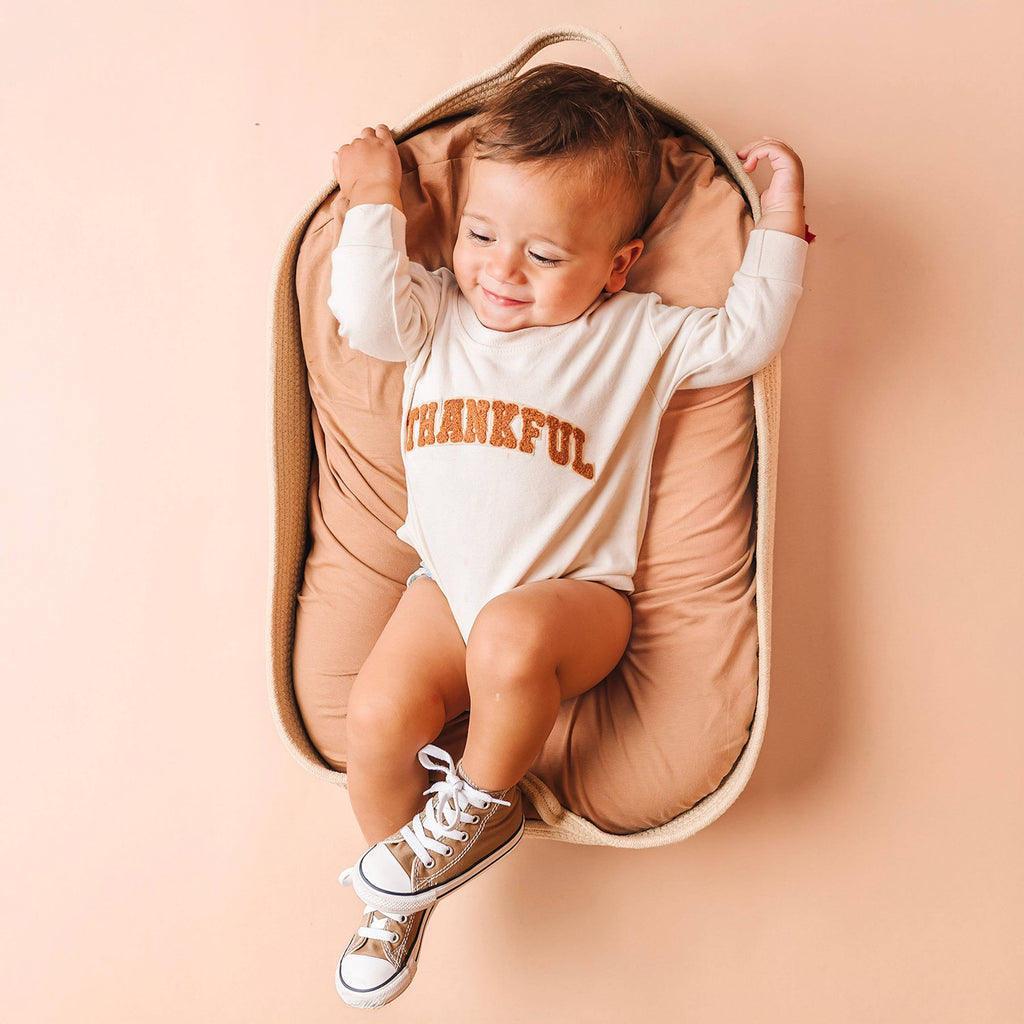Thankful Patch Varsity Thanksgiving Long Sleeve Romper