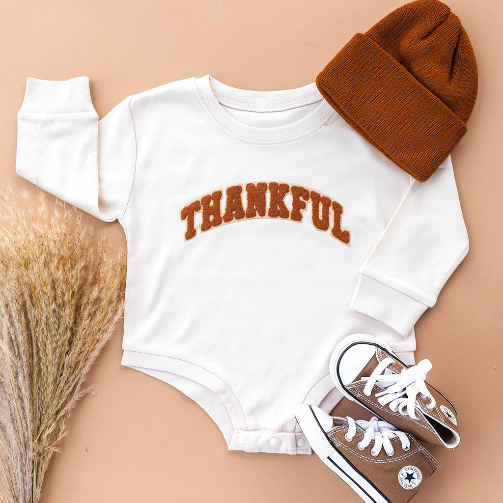 Thankful Patch Varsity Thanksgiving Long Sleeve Romper