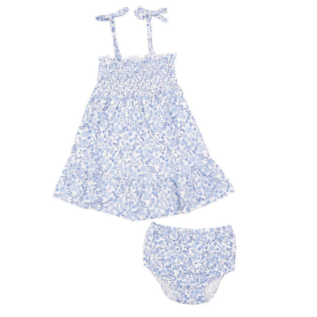 Tie Strap Smocked Sun Dresss Diaper Cover - Blue Calico Floral